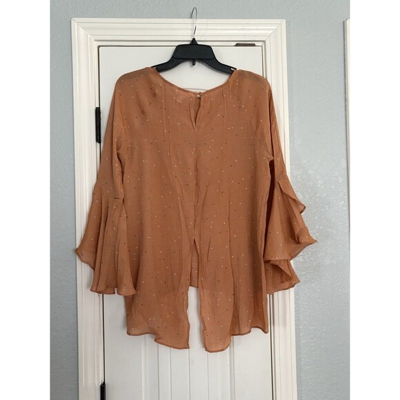 LC Lauren Conrad Blouse Top Large Orange Hearts Long Bell Sleeves Open Back - Picture 5 of 6